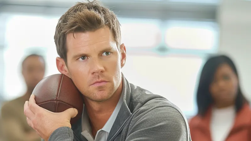 A man in a meeting room cradles a football and looks off to the side, unimpressed.