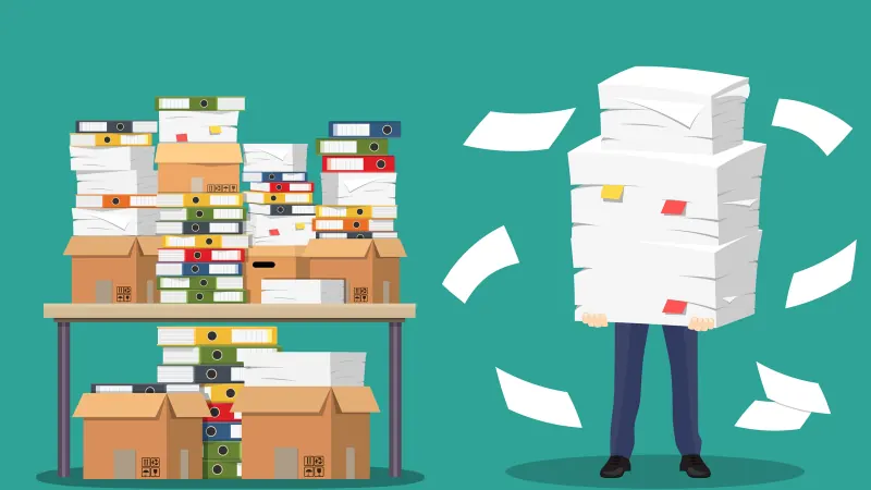 Illustration of an overwhelmed worker carrying a tower of paper beside shelves of binders and boxes.
