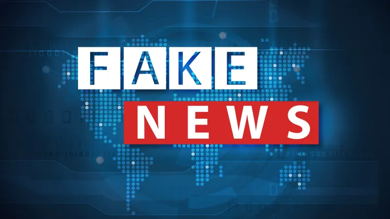 A broadcast-style graphic reading FAKE NEWS over a glowing world map.