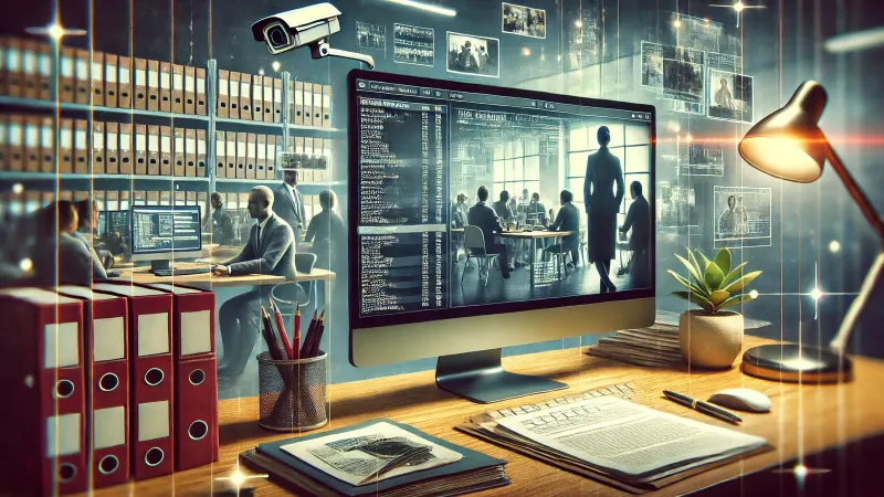 Illustration of an archive office: red binders, a desk lamp and a monitor showing surveillance footage and records.