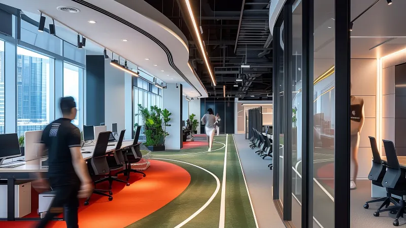 A modern office with a running track painted through it, an employee jogging past the desks.