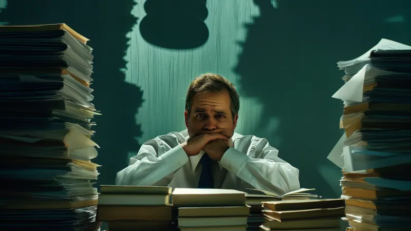 A worried manager sits between towering stacks of paper files beneath the shadow of a gavel.