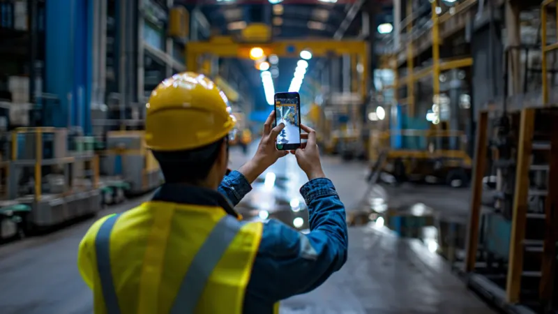A worker in a hard hat and safety vest photographs something on a warehouse floor with a phone.