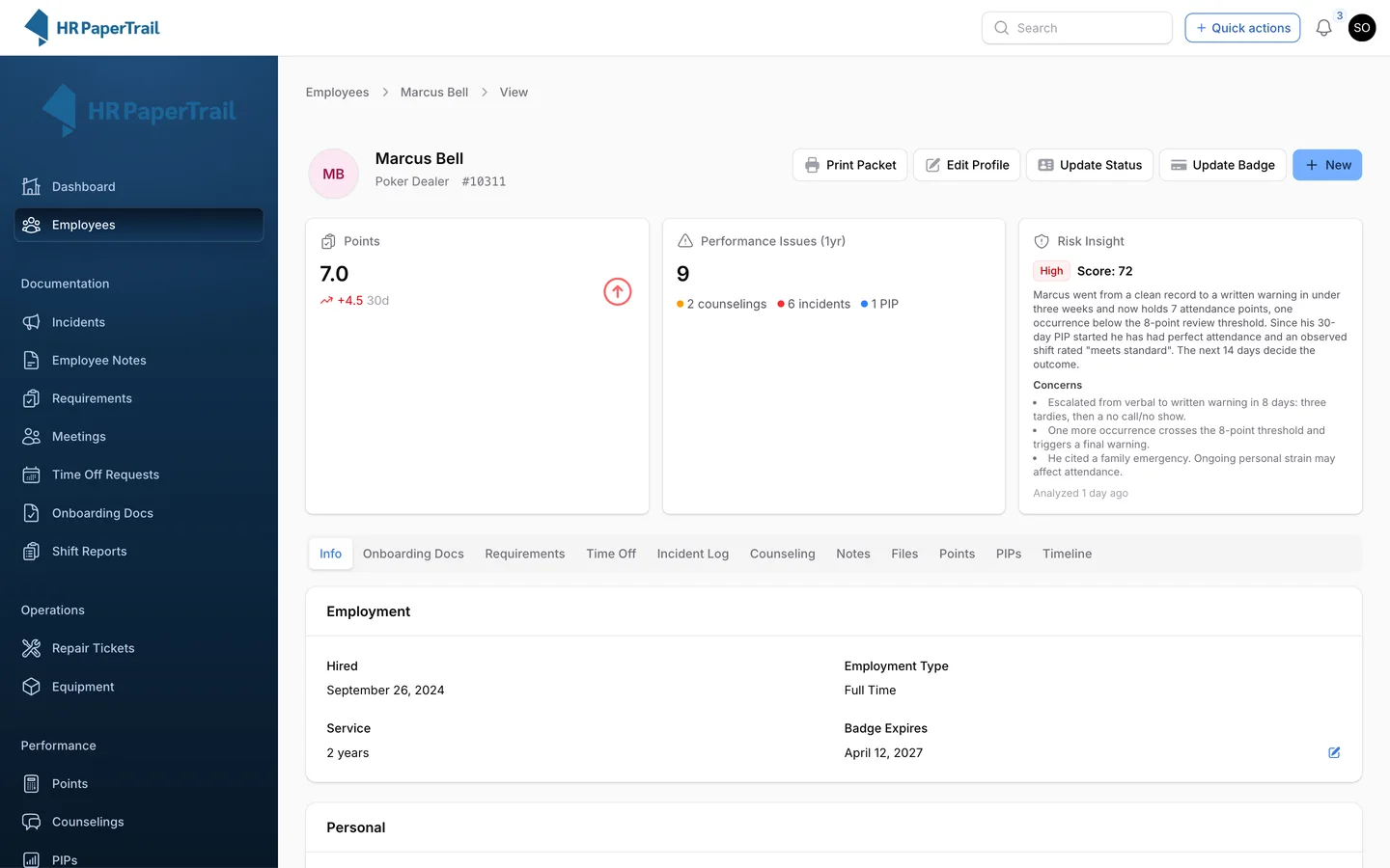Employee profile for poker dealer Marcus Bell showing 7.0 attendance points, performance issues and a High-risk AI insight with score 72