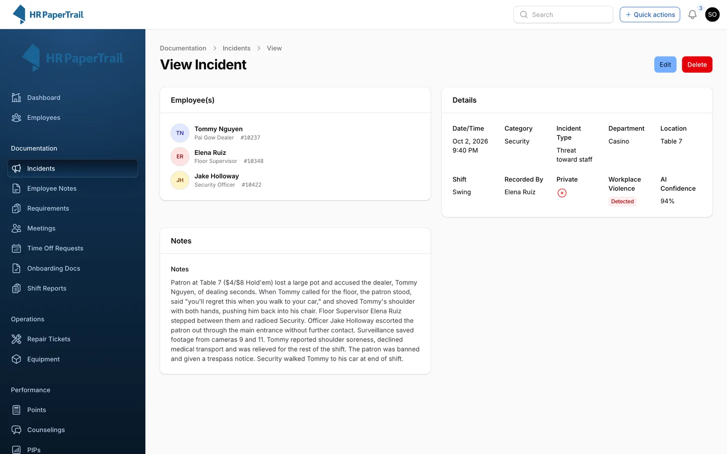 Incident detail for a patron who threatened and shoved a dealer at Table 7, flagged as workplace violence with 94% AI confidence