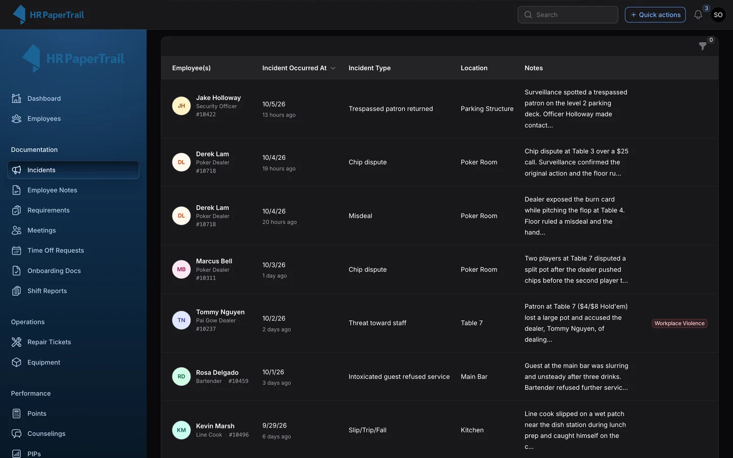 Incident log with workplace-violence badges on AI-flagged entries such as the Table 7 patron assault (dark mode)