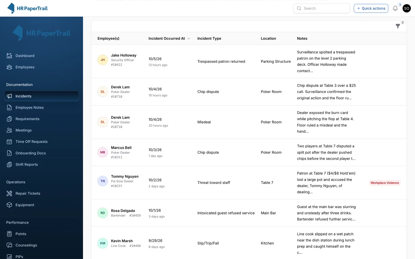 Incident log with workplace-violence badges on AI-flagged entries such as the Table 7 patron assault