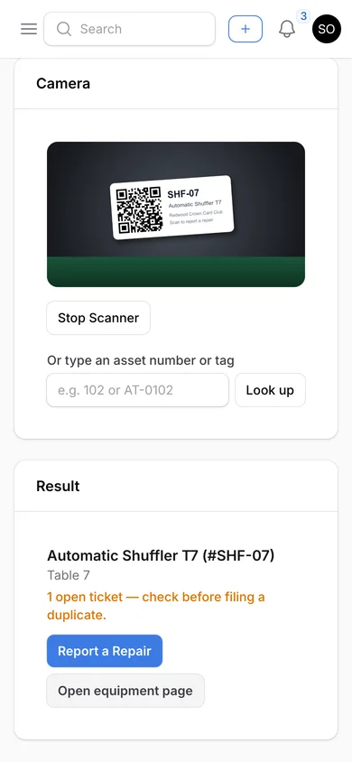 Equipment QR scanner on a phone using the camera to open an asset and report a repair