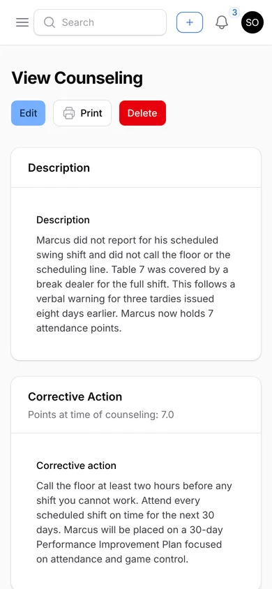 Written warning counseling for Marcus Bell viewed on a phone