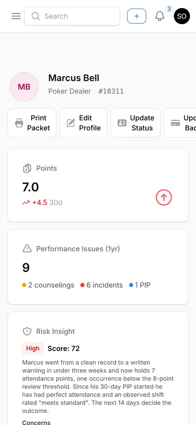 Employee profile for Marcus Bell on a phone with points, issues and AI risk insight cards