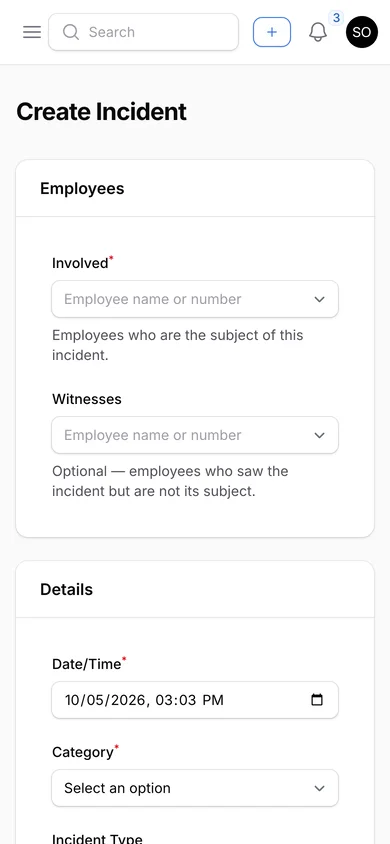 New incident form on a phone with employees, witnesses, event type and location