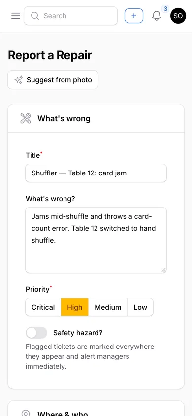 Report a Repair form on a phone for logging broken equipment from the floor