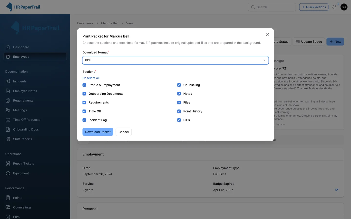 Print Packet modal for building a PDF of an employee file with selectable sections