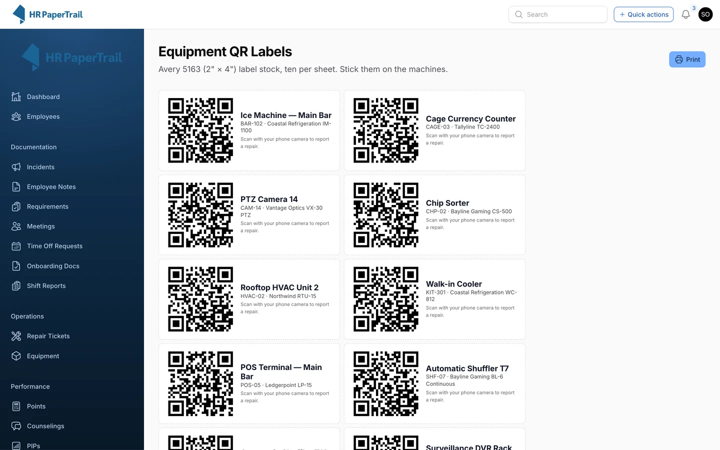 Printable sheet of QR equipment labels for card-room assets