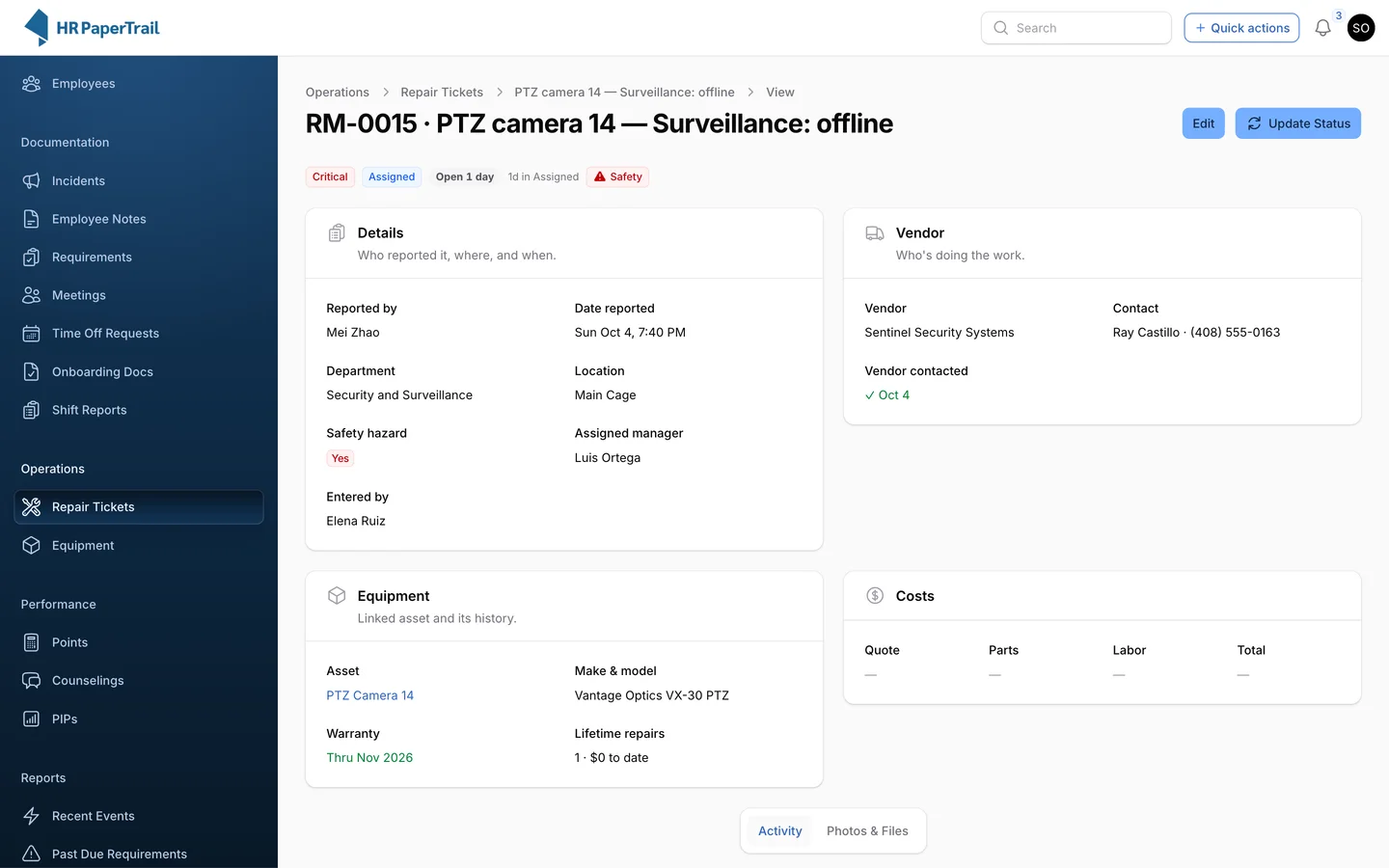 Critical safety-hazard repair ticket RM-0015 for an offline surveillance PTZ camera with vendor and equipment details