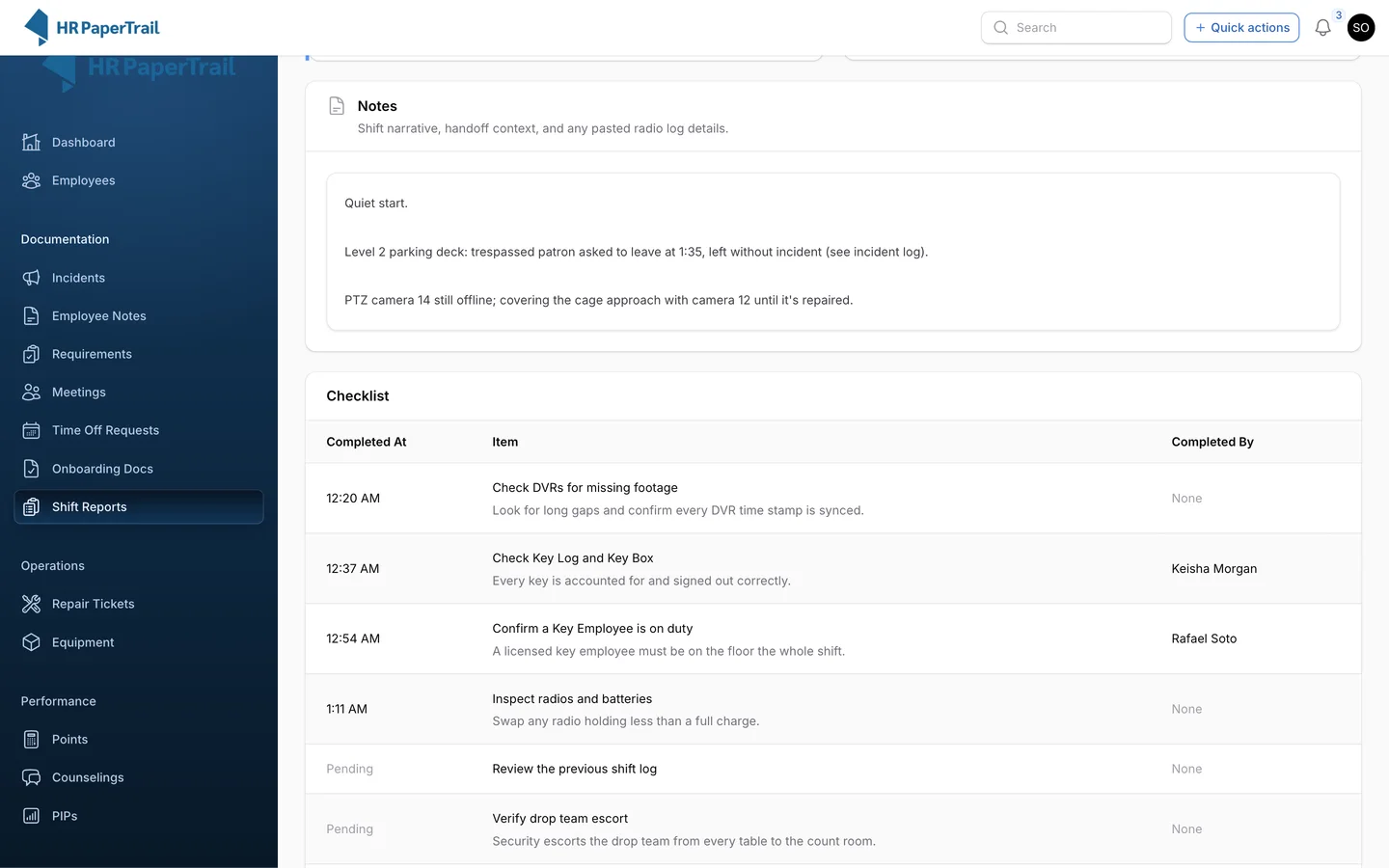 Open Security and Surveillance shift report with notes and a partly completed surveillance checklist