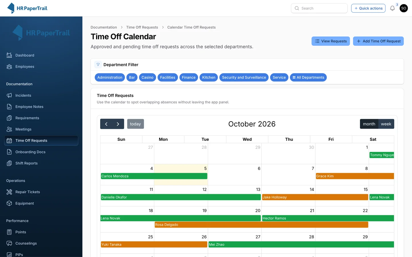 Time off calendar showing approved and pending requests across departments for the month